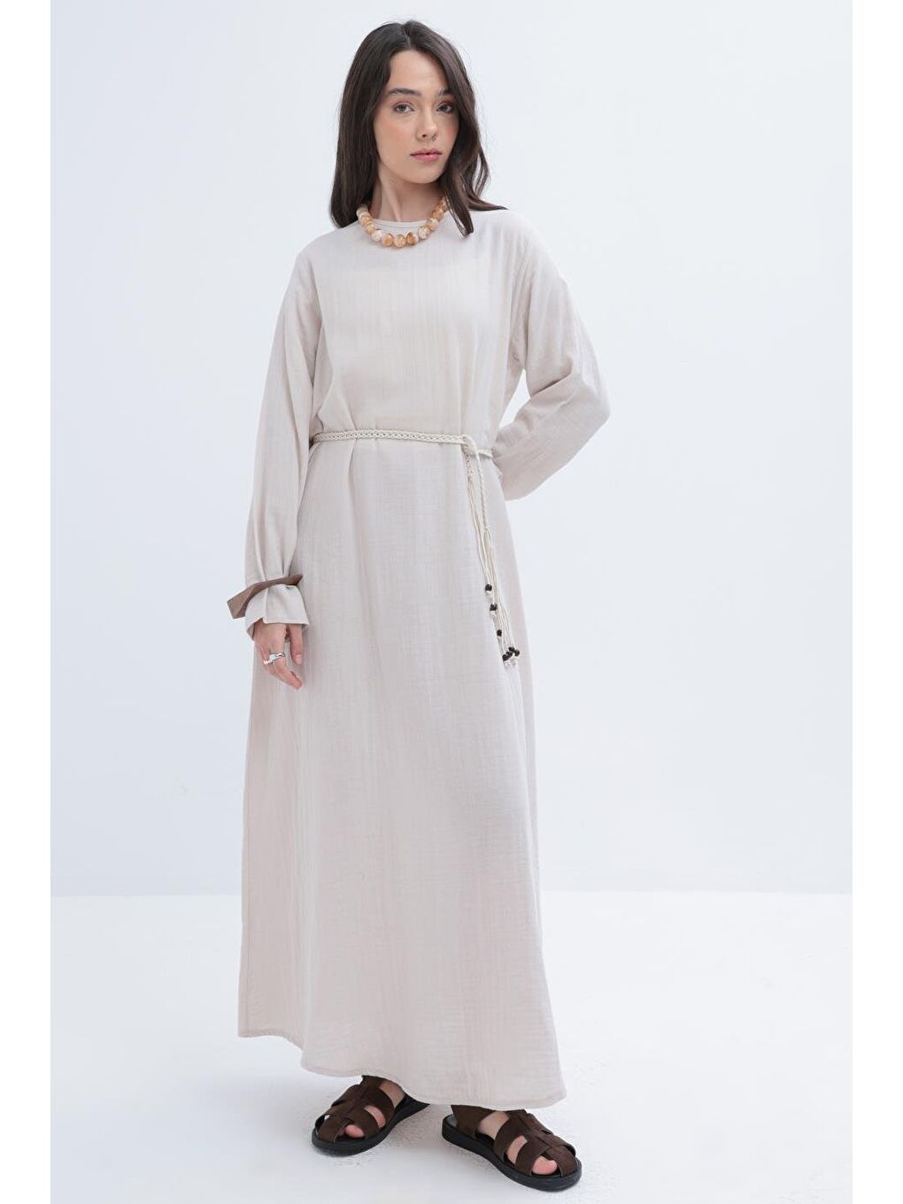 Bej Taş-Kuşaklı Basic Müslin Elbise-1