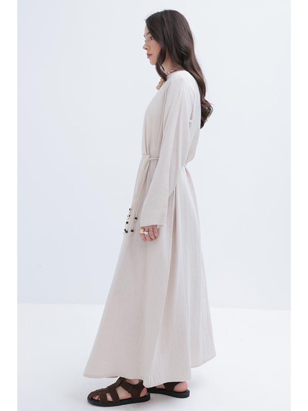 Bej Taş-Kuşaklı Basic Müslin Elbise-2