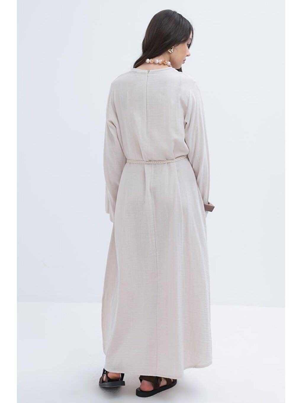 Bej Taş-Kuşaklı Basic Müslin Elbise-3