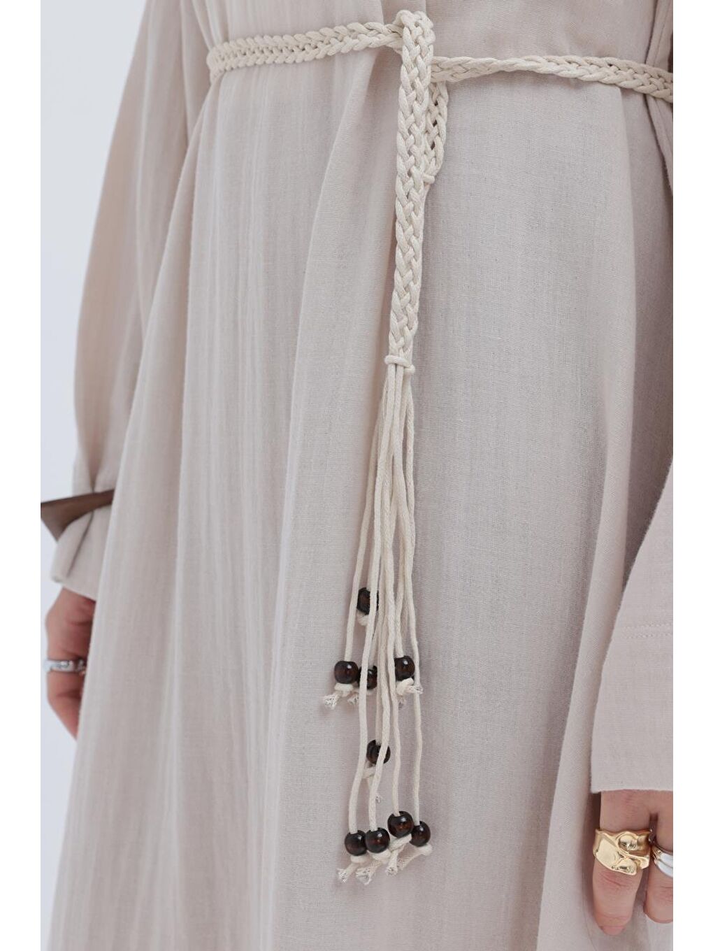 Bej Taş-Kuşaklı Basic Müslin Elbise-4