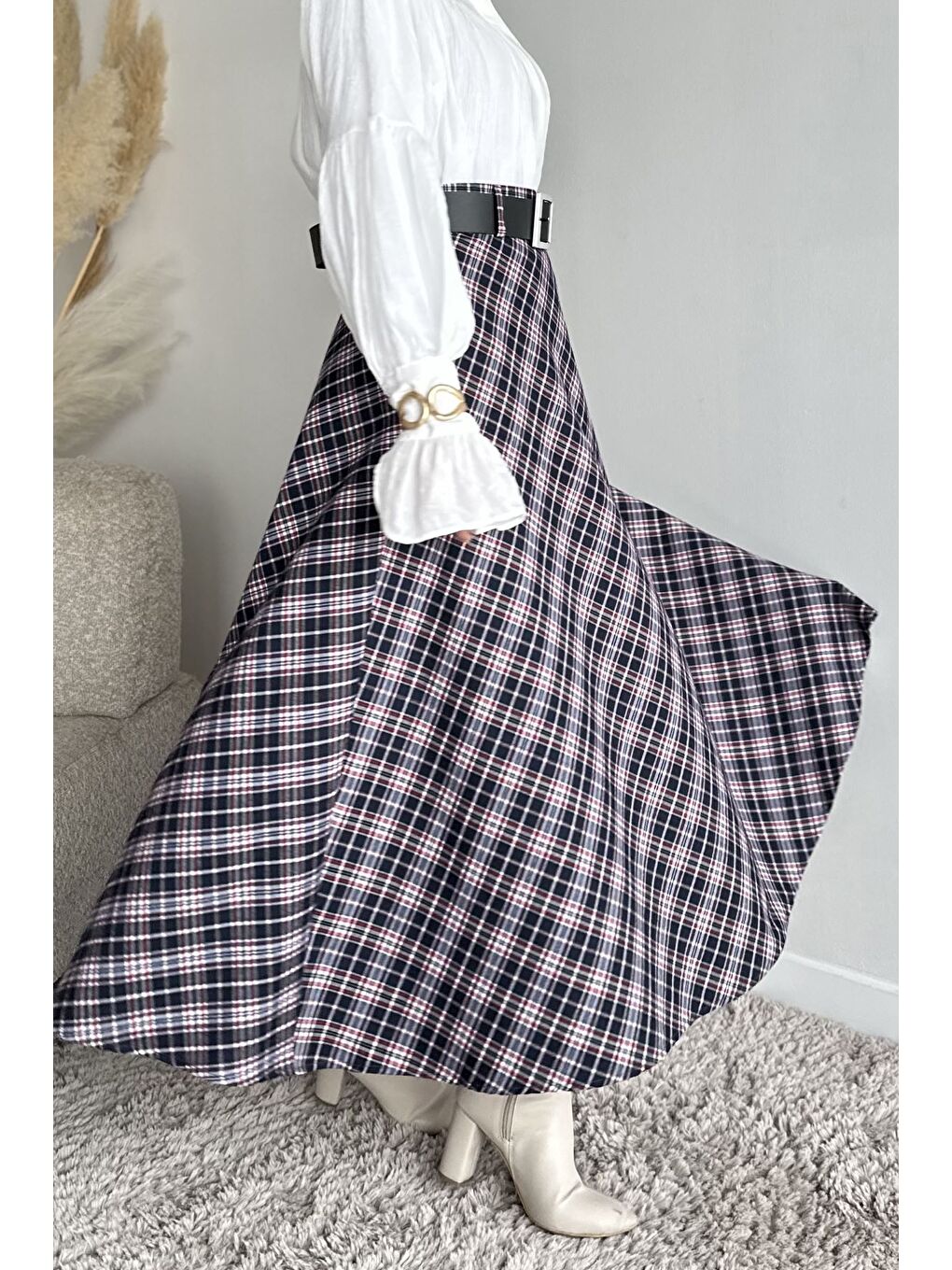 Lacivert Ekose Desenli Kemer Aksesuarlı Tesettür Kiloş Etek-3