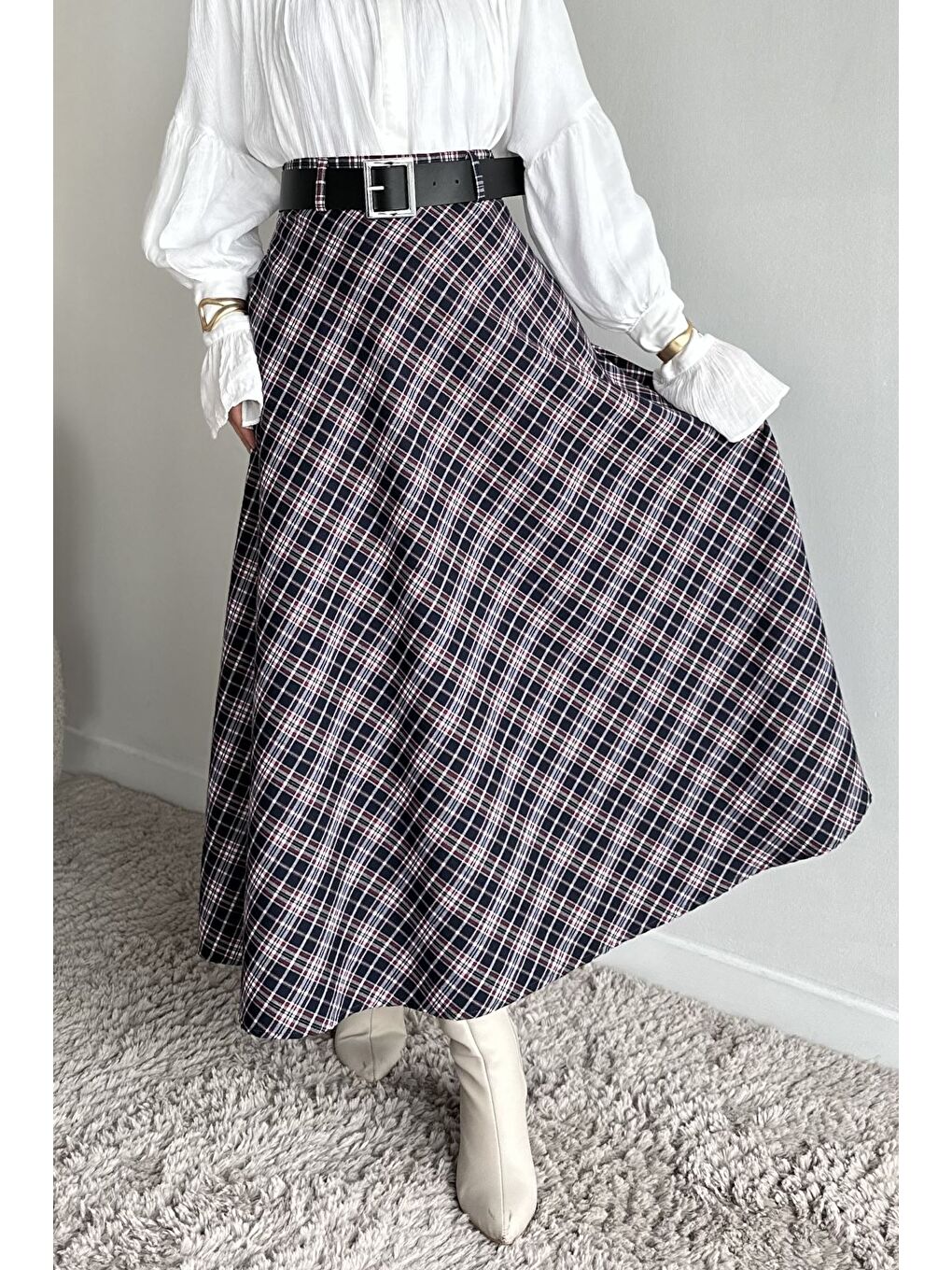 Lacivert Ekose Desenli Kemer Aksesuarlı Tesettür Kiloş Etek-4