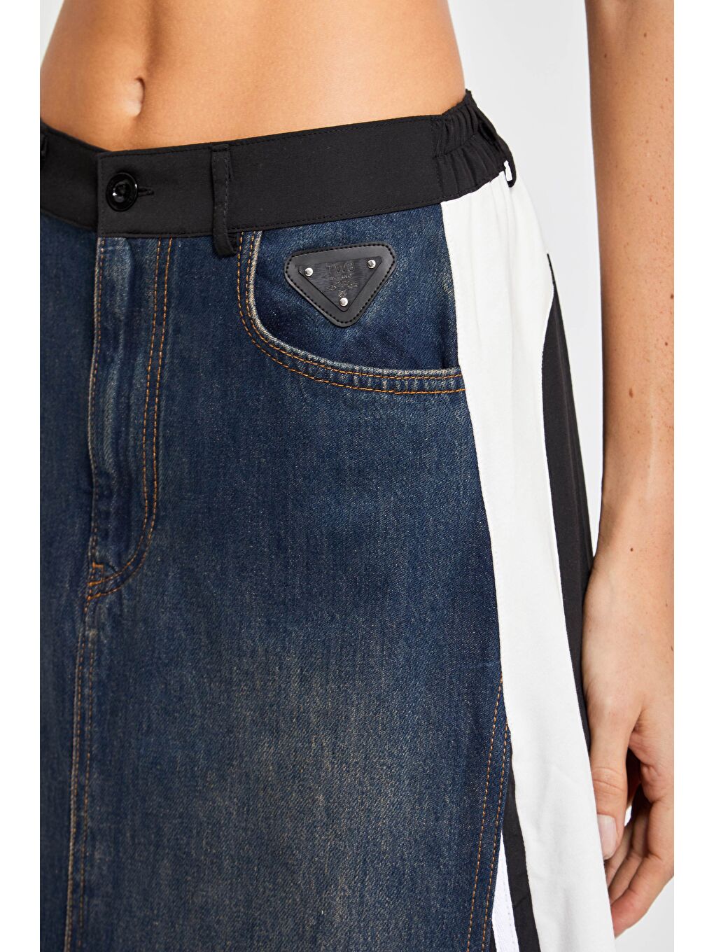 Mavi Kadın Jean Rengi Parçalı Kumaş A Tipi Kesim Şerit Detaylı Özel Tasarım Etek-3