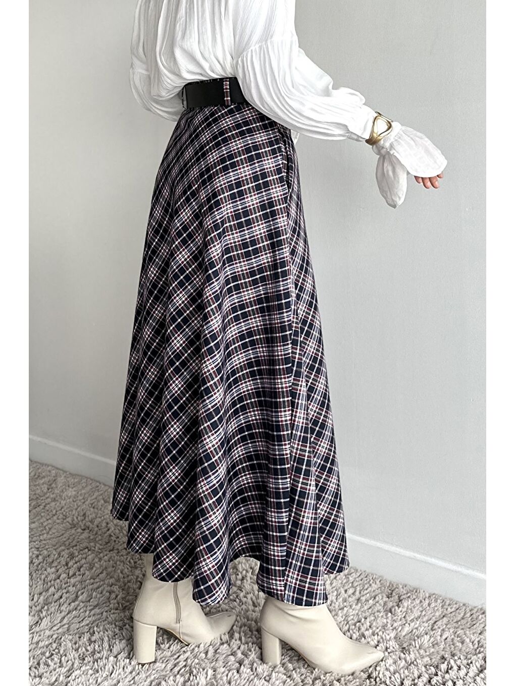 Lacivert Ekose Desenli Kemer Aksesuarlı Tesettür Kiloş Etek-7