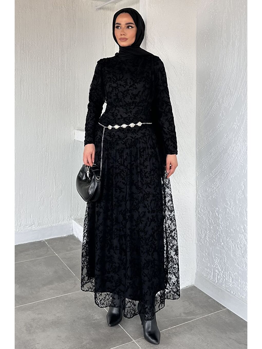 Siyah Kadın Astarlı Flok Baskılı Tesettür Elbise-1