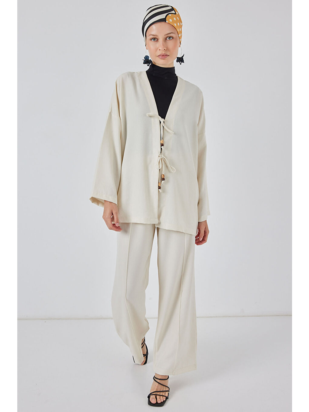 Kadın Keten Kimono İkili Takım 6727 - Ekru