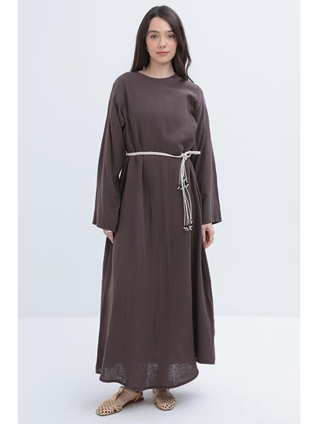 Kahverengi Kahve-Kuşaklı Basic Müslin Elbise
