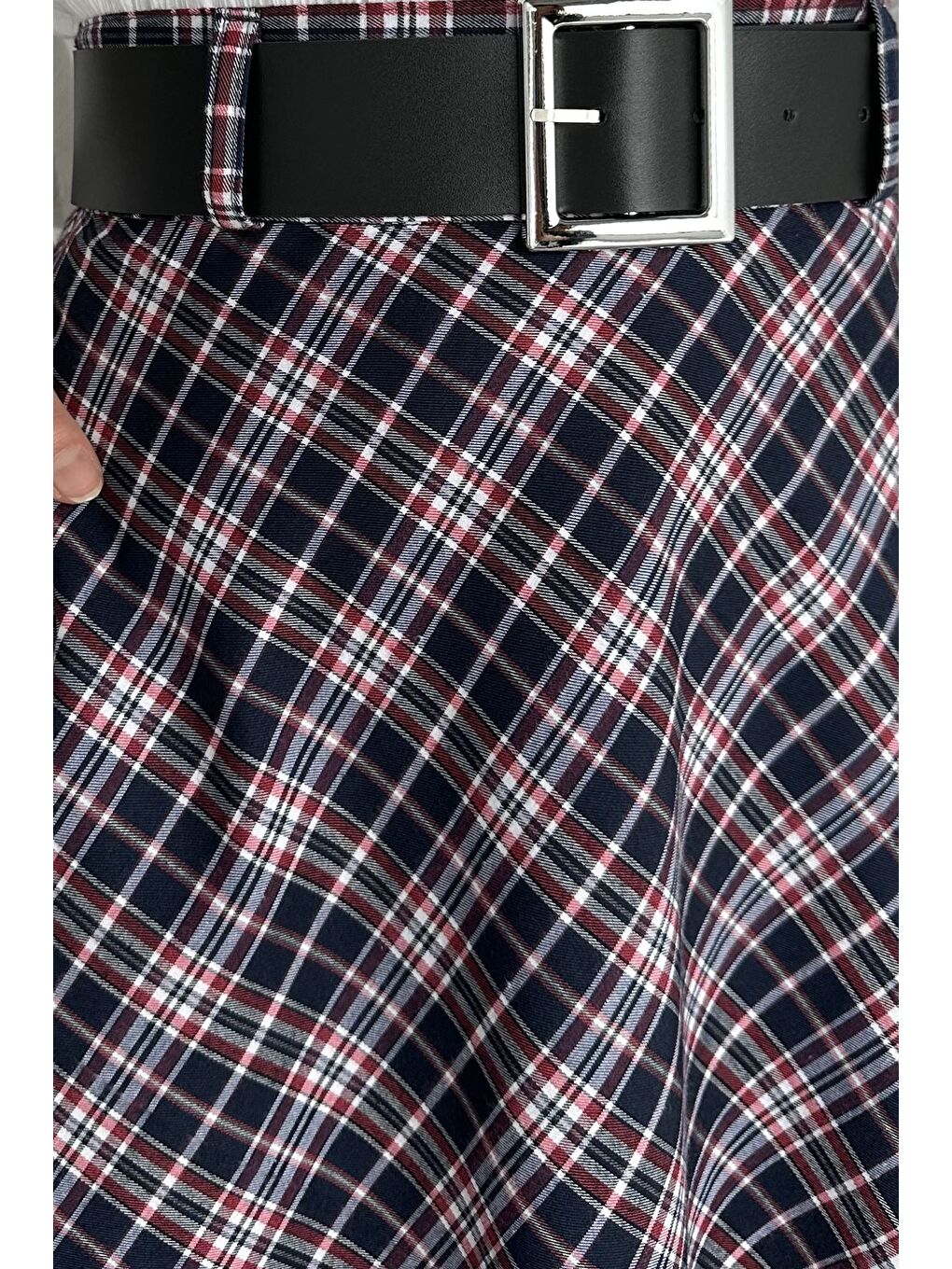 Lacivert Ekose Desenli Kemer Aksesuarlı Tesettür Kiloş Etek-8