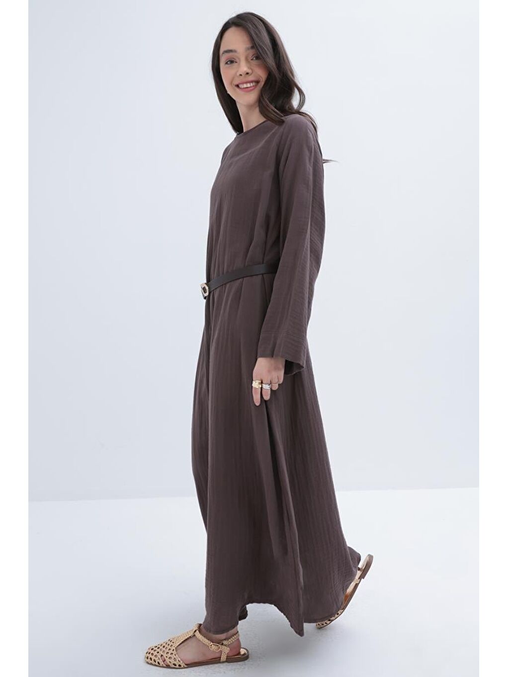 Kahverengi Kahve-Kuşaklı Basic Müslin Elbise-1