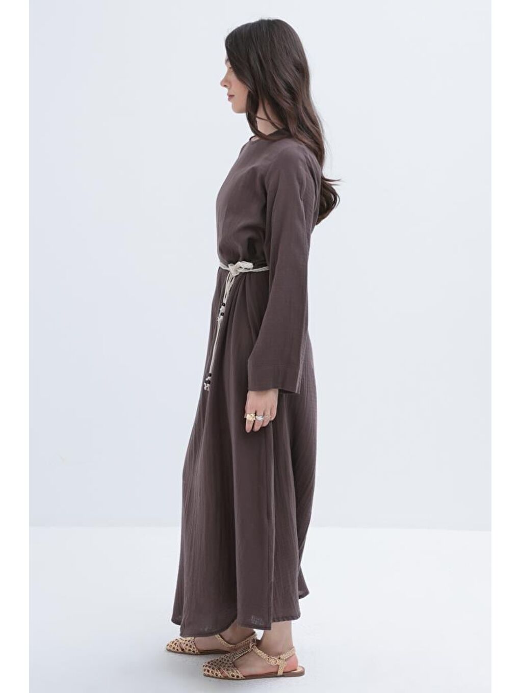 Kahverengi Kahve-Kuşaklı Basic Müslin Elbise-2