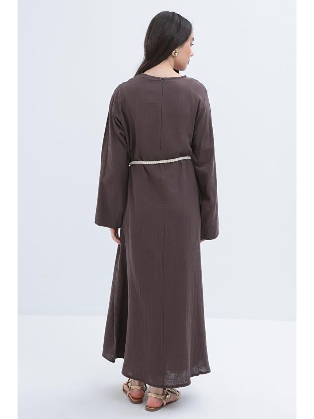 Kahverengi Kahve-Kuşaklı Basic Müslin Elbise-3