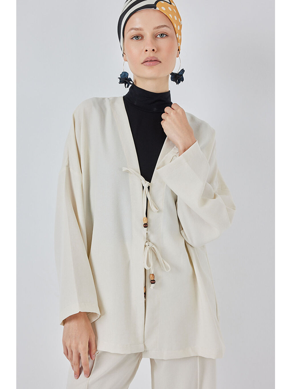 Kadın Keten Kimono İkili Takım 6727 - Ekru-1