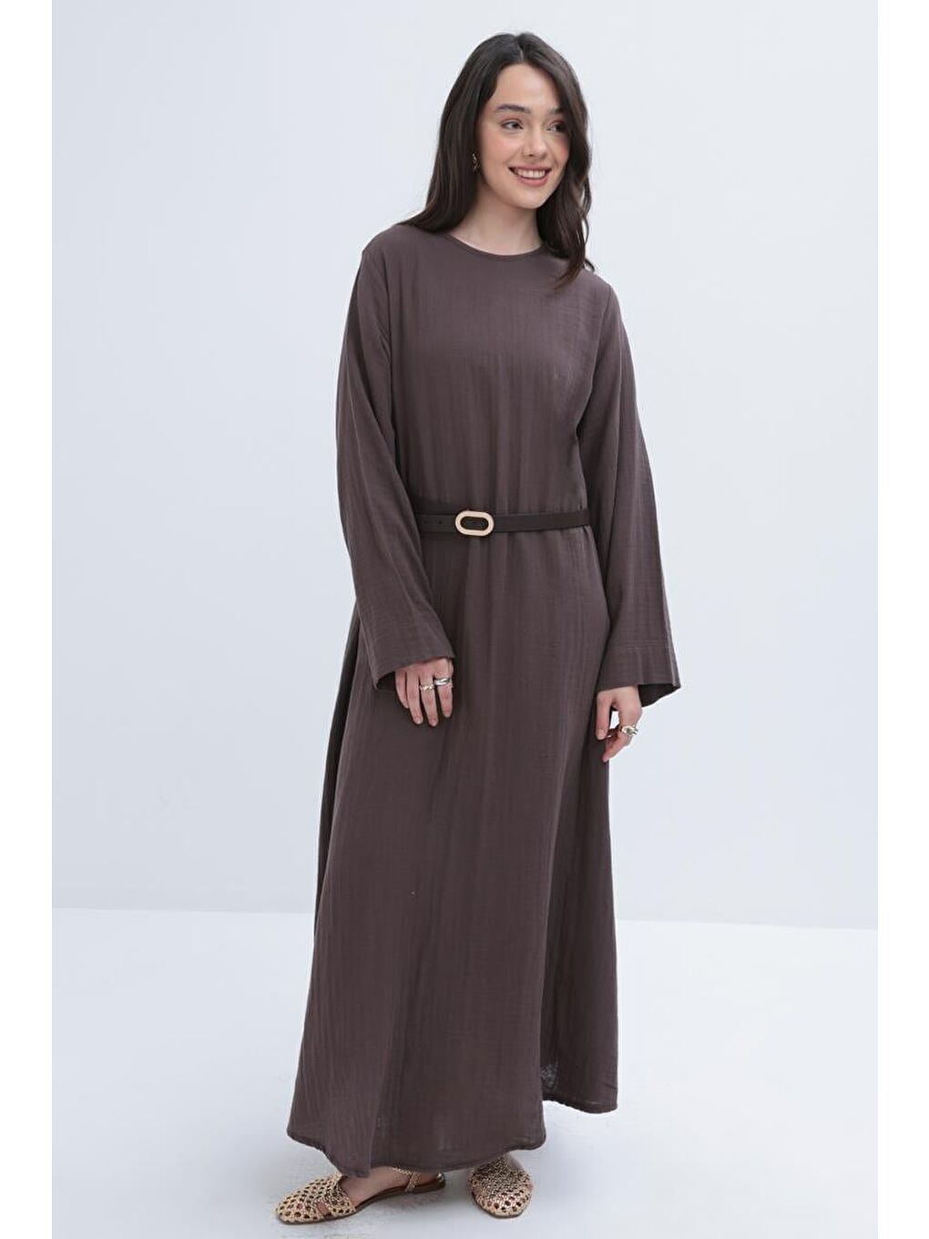 Kahverengi Kahve-Kuşaklı Basic Müslin Elbise-4