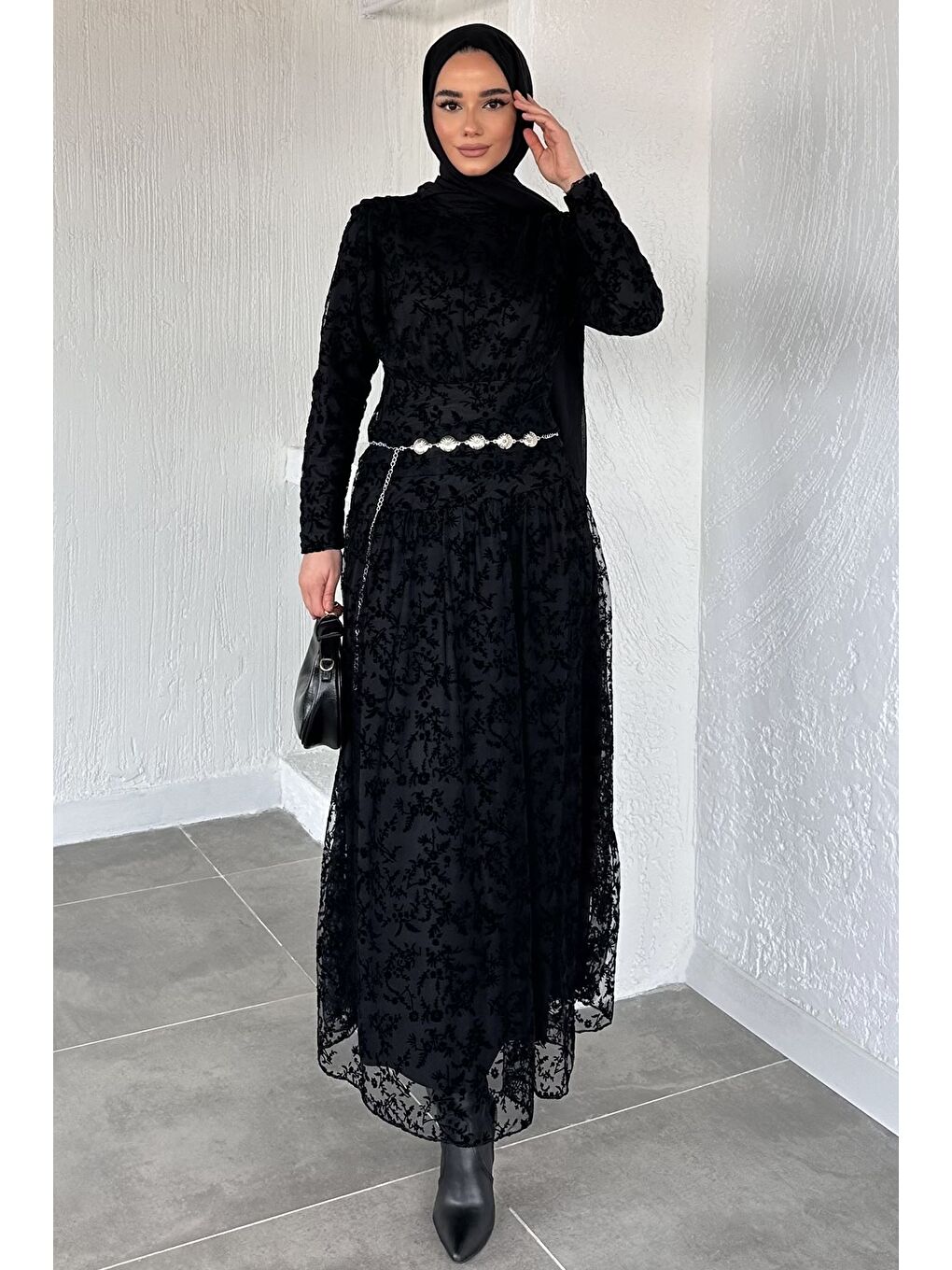 Siyah Kadın Astarlı Flok Baskılı Tesettür Elbise-3