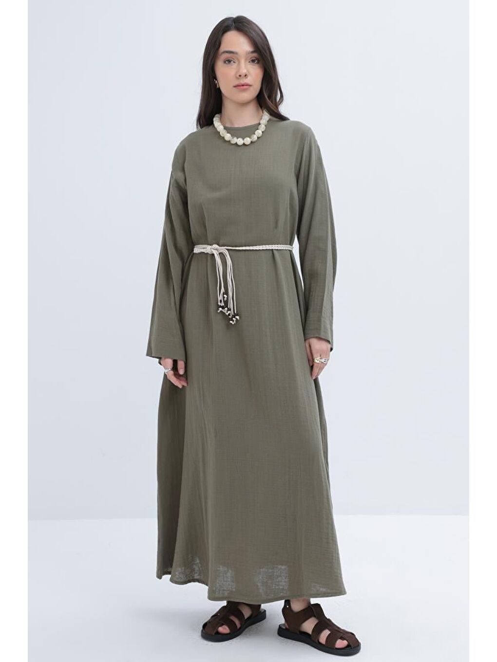 Haki-Kuşaklı Basic Müslin Elbise-1