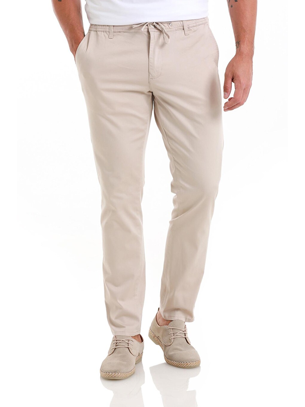 Bej Regular Fit Düz Yandan Cep Pamuklu Jogger Kanvas Pantolon