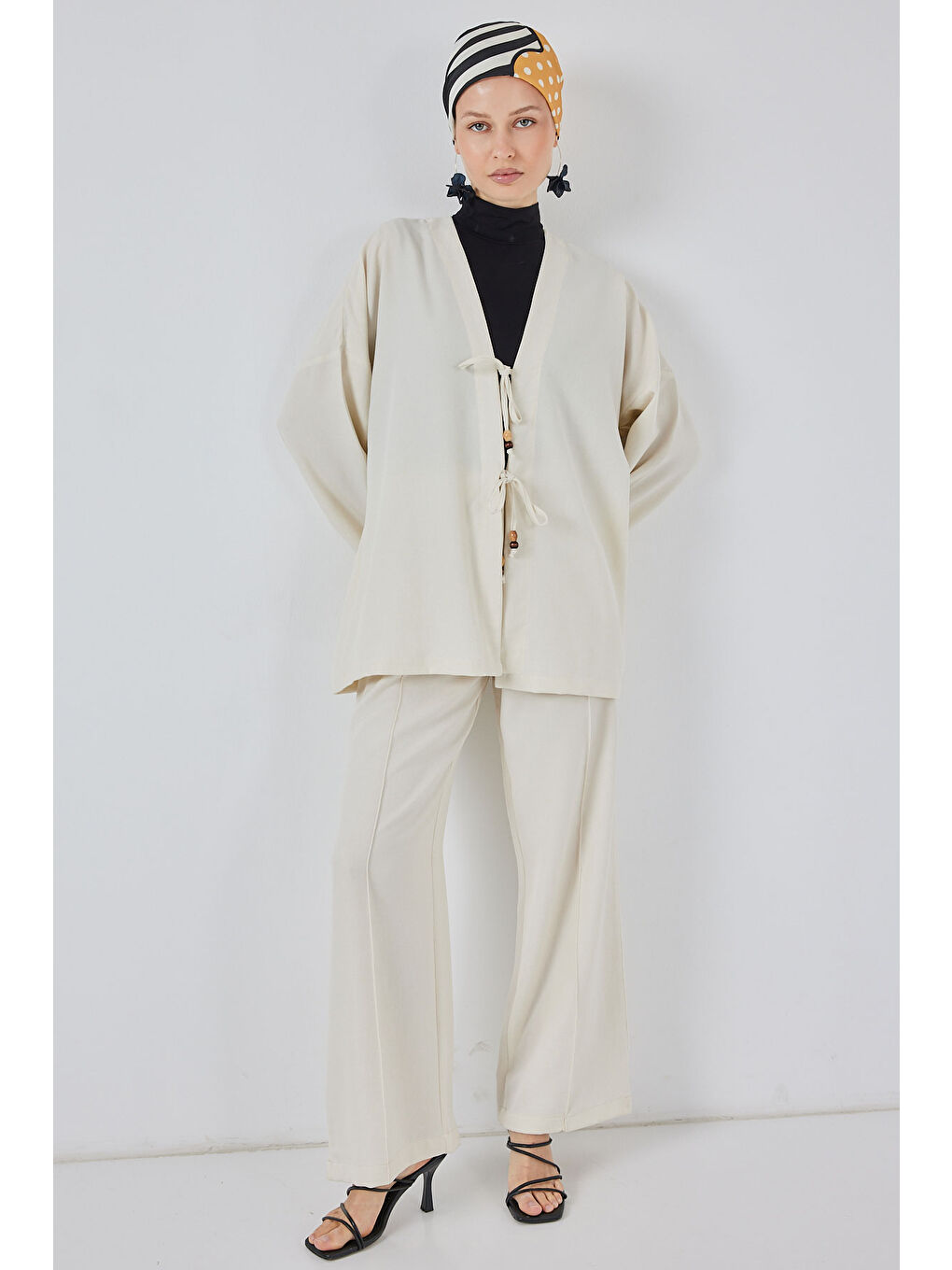 Kadın Keten Kimono İkili Takım 6727 - Ekru-2