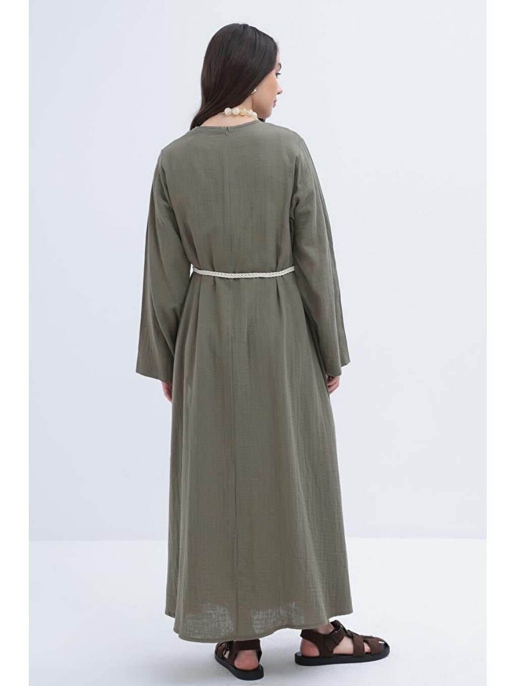 Haki-Kuşaklı Basic Müslin Elbise-3