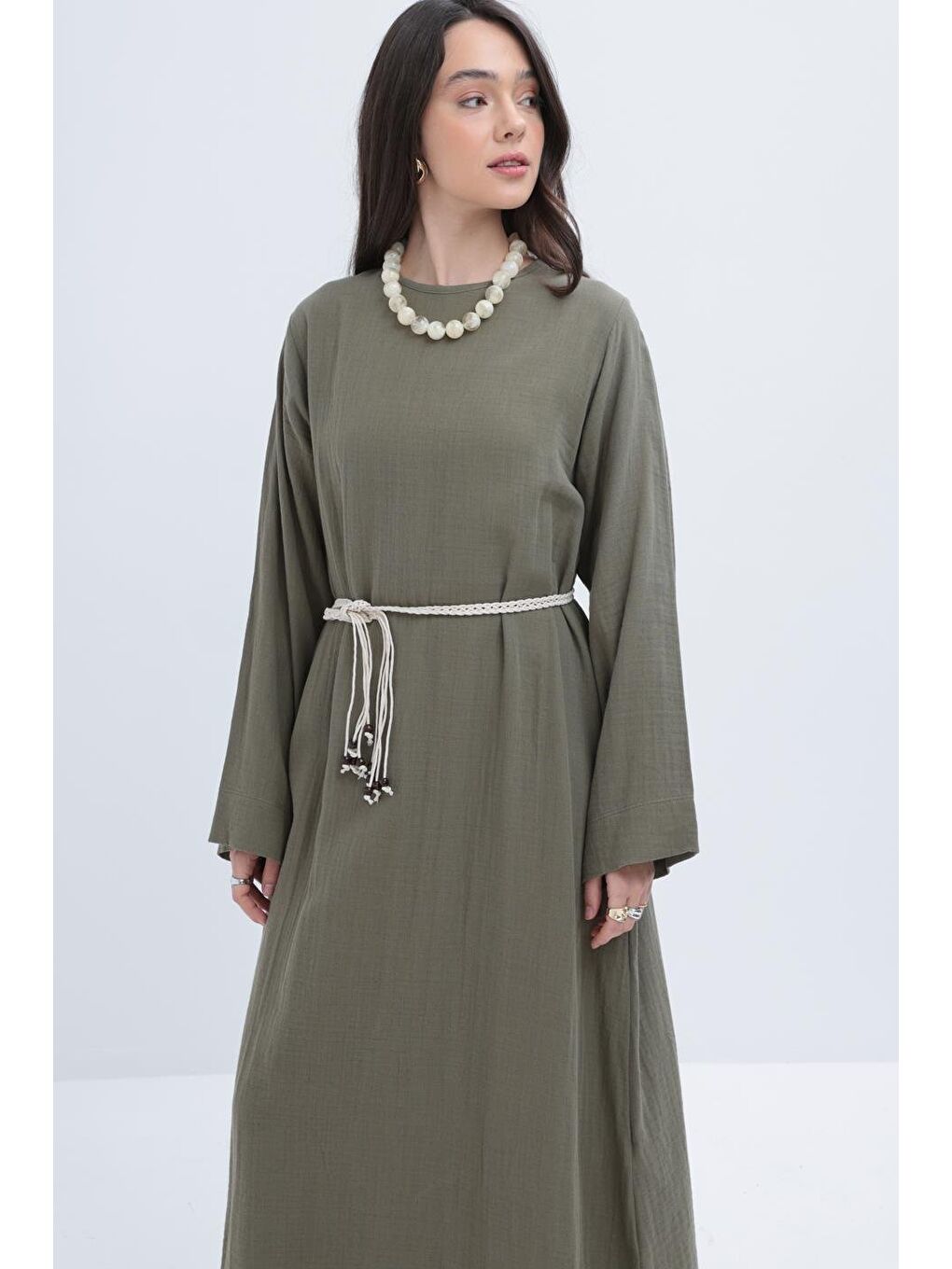 Haki-Kuşaklı Basic Müslin Elbise-4