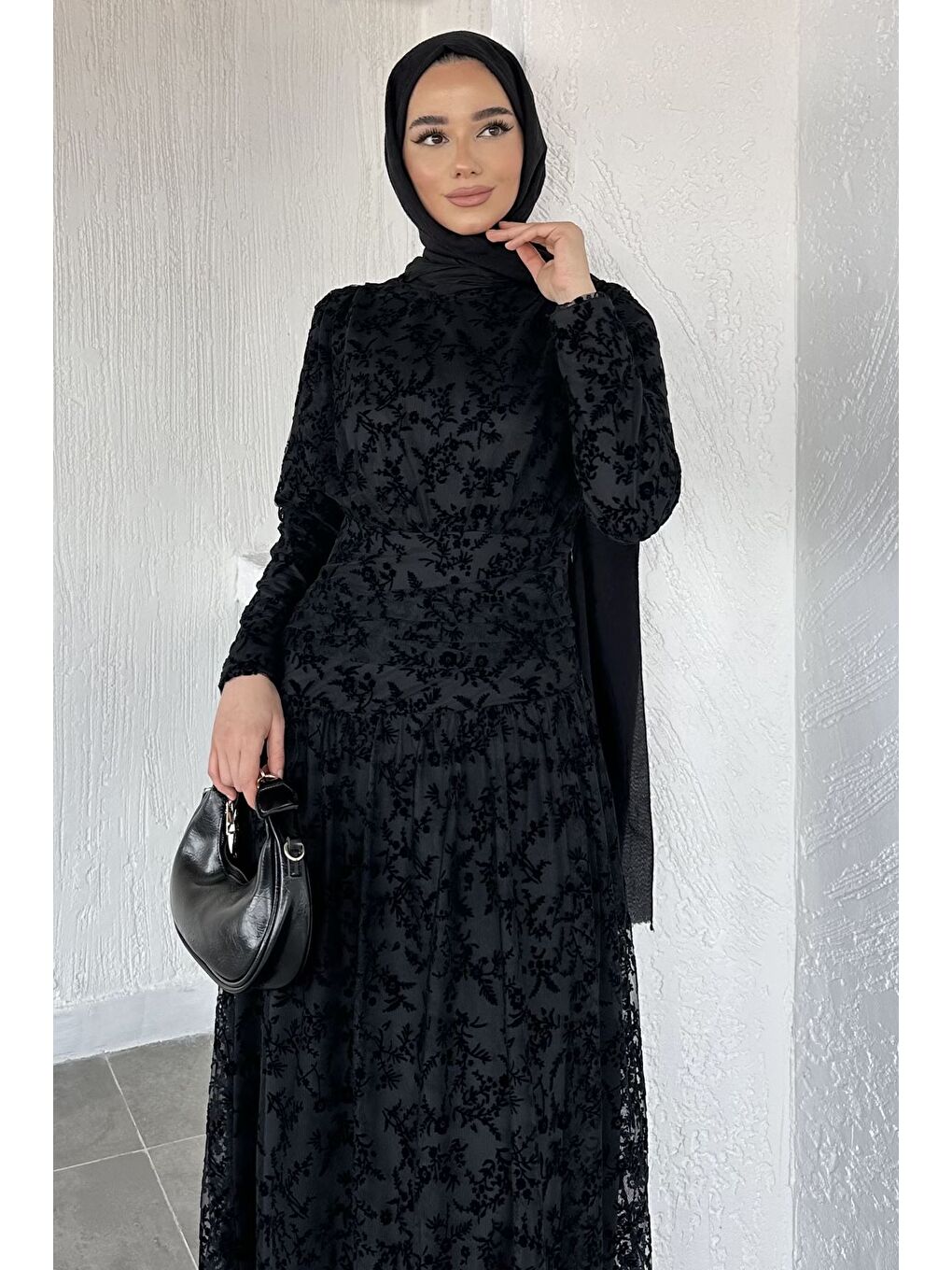 Siyah Kadın Astarlı Flok Baskılı Tesettür Elbise-5