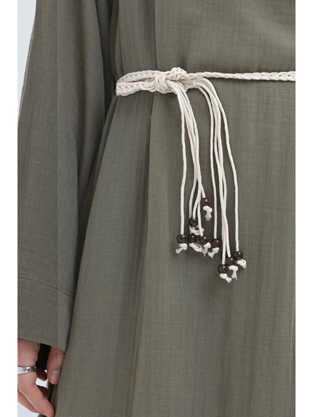 Haki-Kuşaklı Basic Müslin Elbise-5