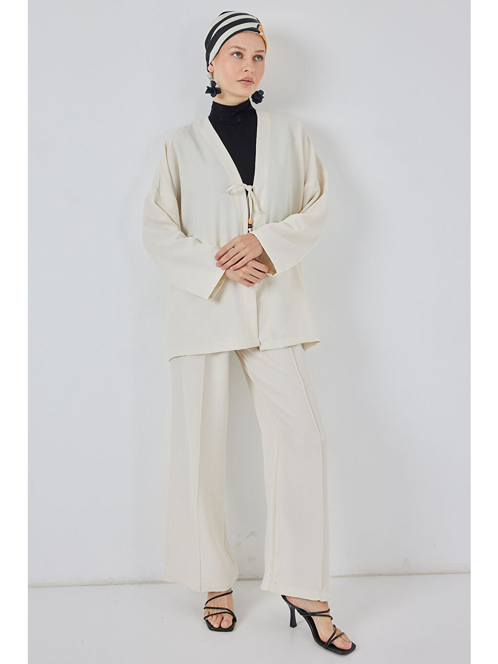 Kadın Keten Kimono İkili Takım 6727 - Ekru-3