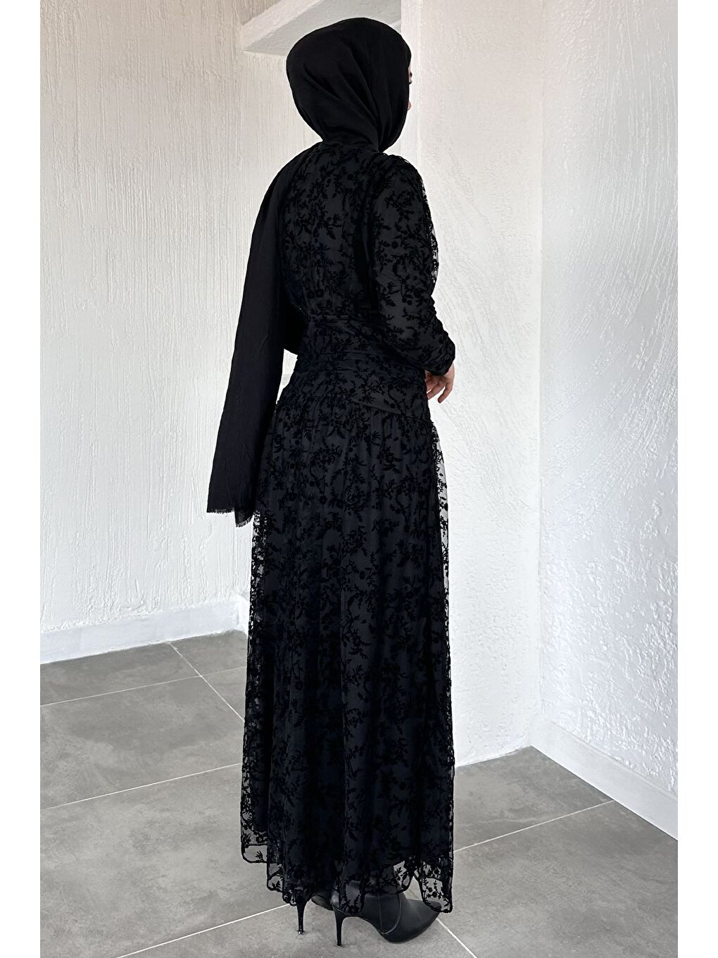 Siyah Kadın Astarlı Flok Baskılı Tesettür Elbise-7