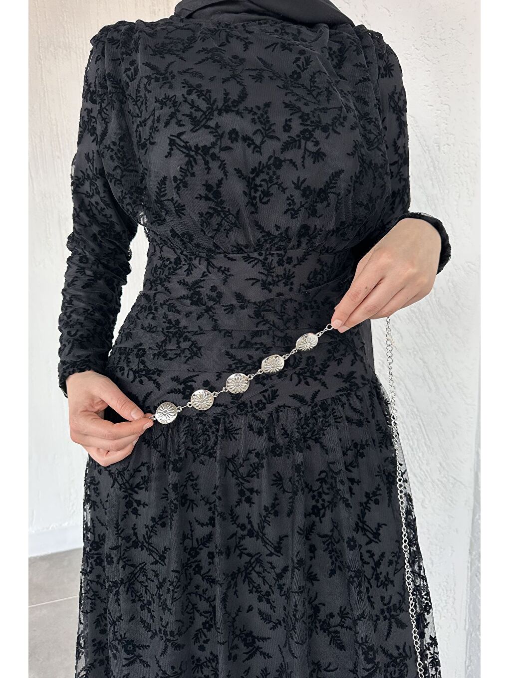 Siyah Kadın Astarlı Flok Baskılı Tesettür Elbise-8
