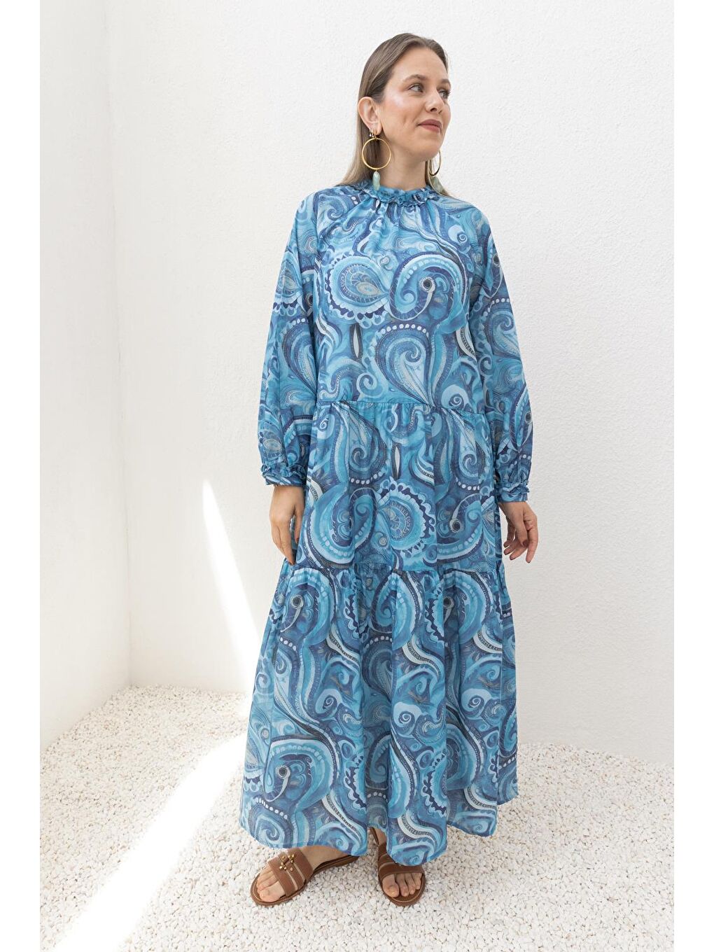 Mavi-İndigo-Desenli Etek Fırfırlı Elbise