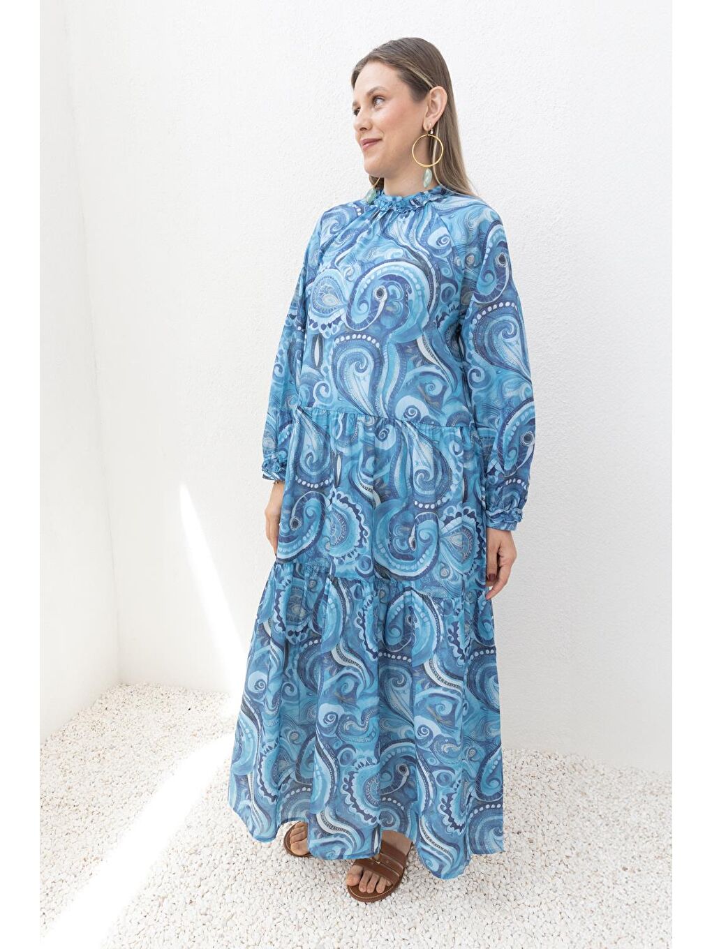 Mavi-İndigo-Desenli Etek Fırfırlı Elbise-1