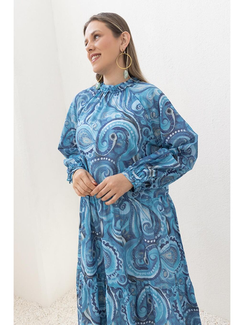 Mavi-İndigo-Desenli Etek Fırfırlı Elbise-2