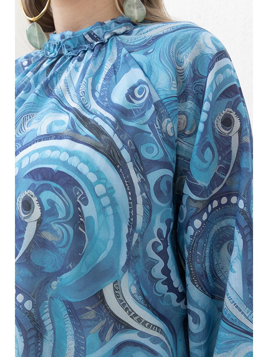 Mavi-İndigo-Desenli Etek Fırfırlı Elbise-3