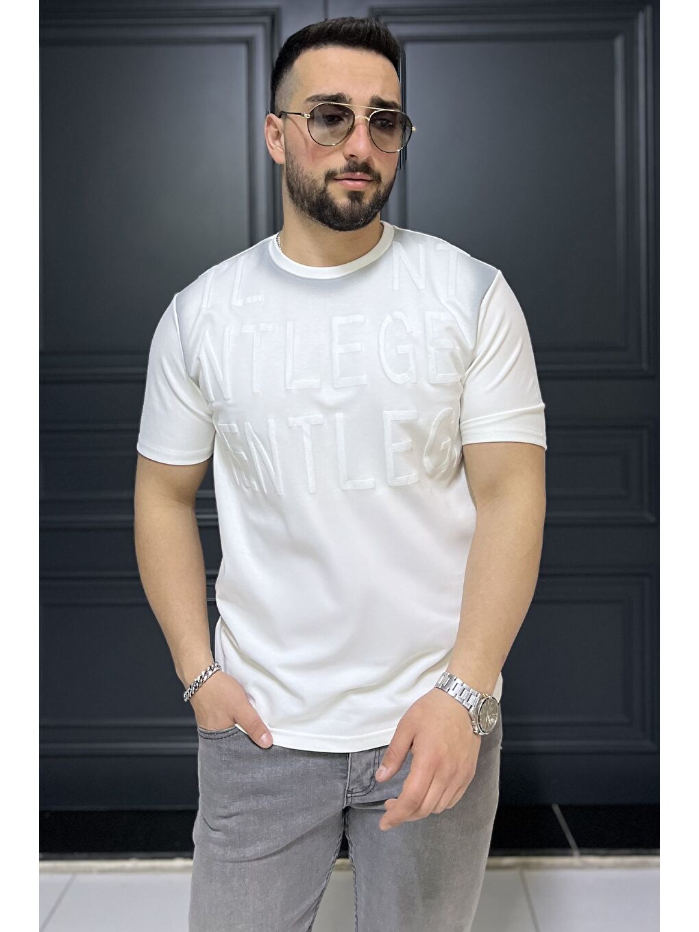 Ekru Erkek Bisiklet Yaka Harf Baskılı Tişört