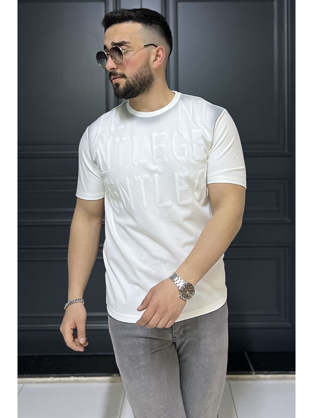 Ekru Erkek Bisiklet Yaka Harf Baskılı Tişört-1