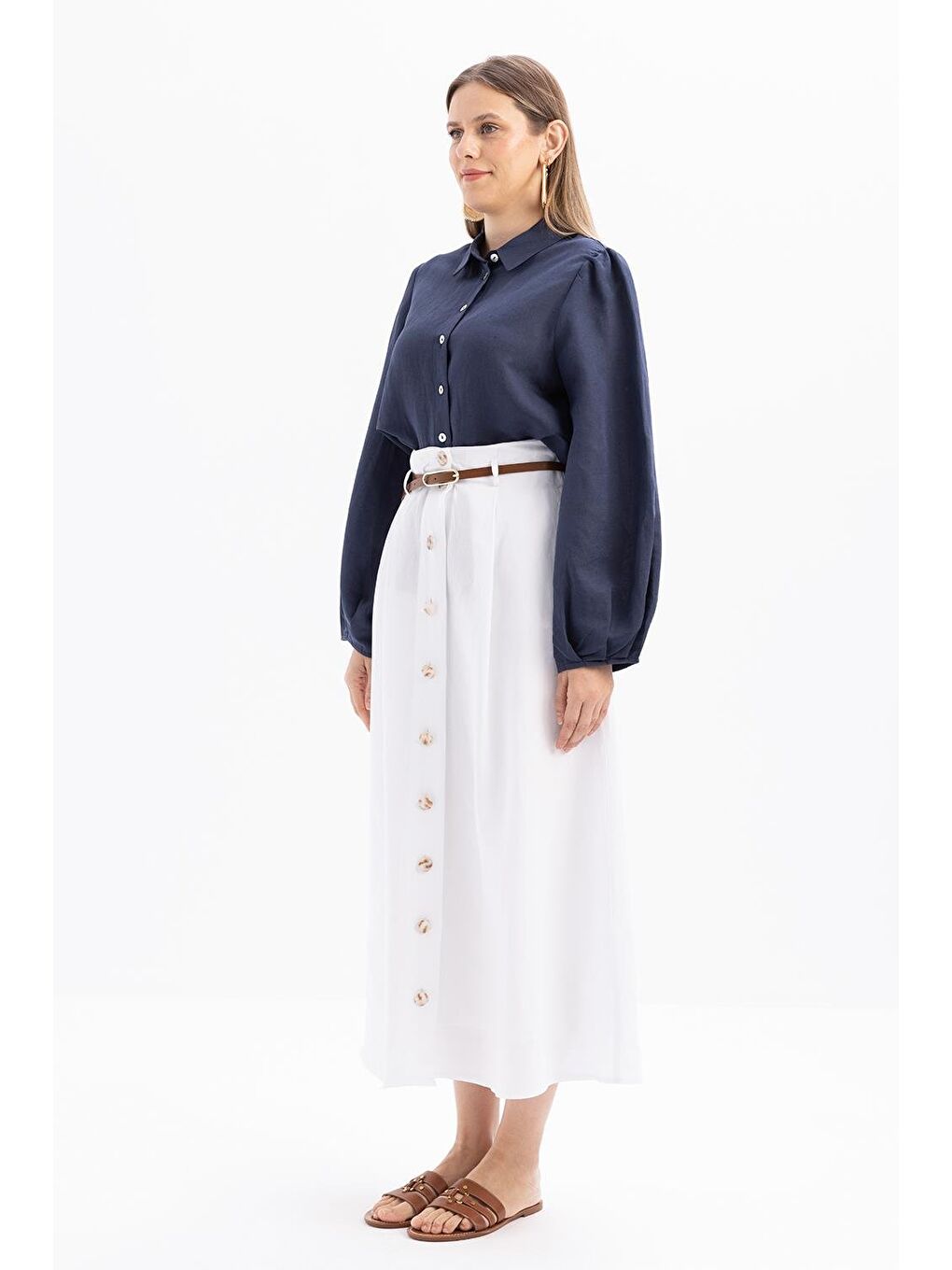 Beyaz-Pileli Kemerli Kloş Etek-1