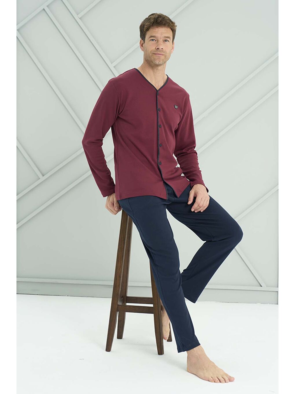 Erkek Penye Uzun Kol Düğmeli Pijama Takımı 2227 Bordo02
