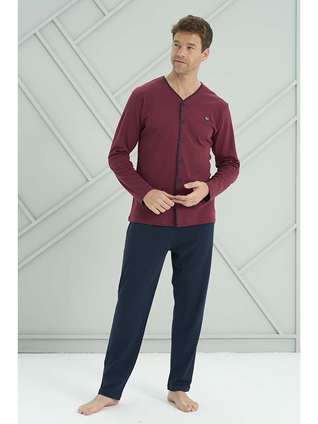 Erkek Penye Uzun Kol Düğmeli Pijama Takımı 2227 Bordo02-1