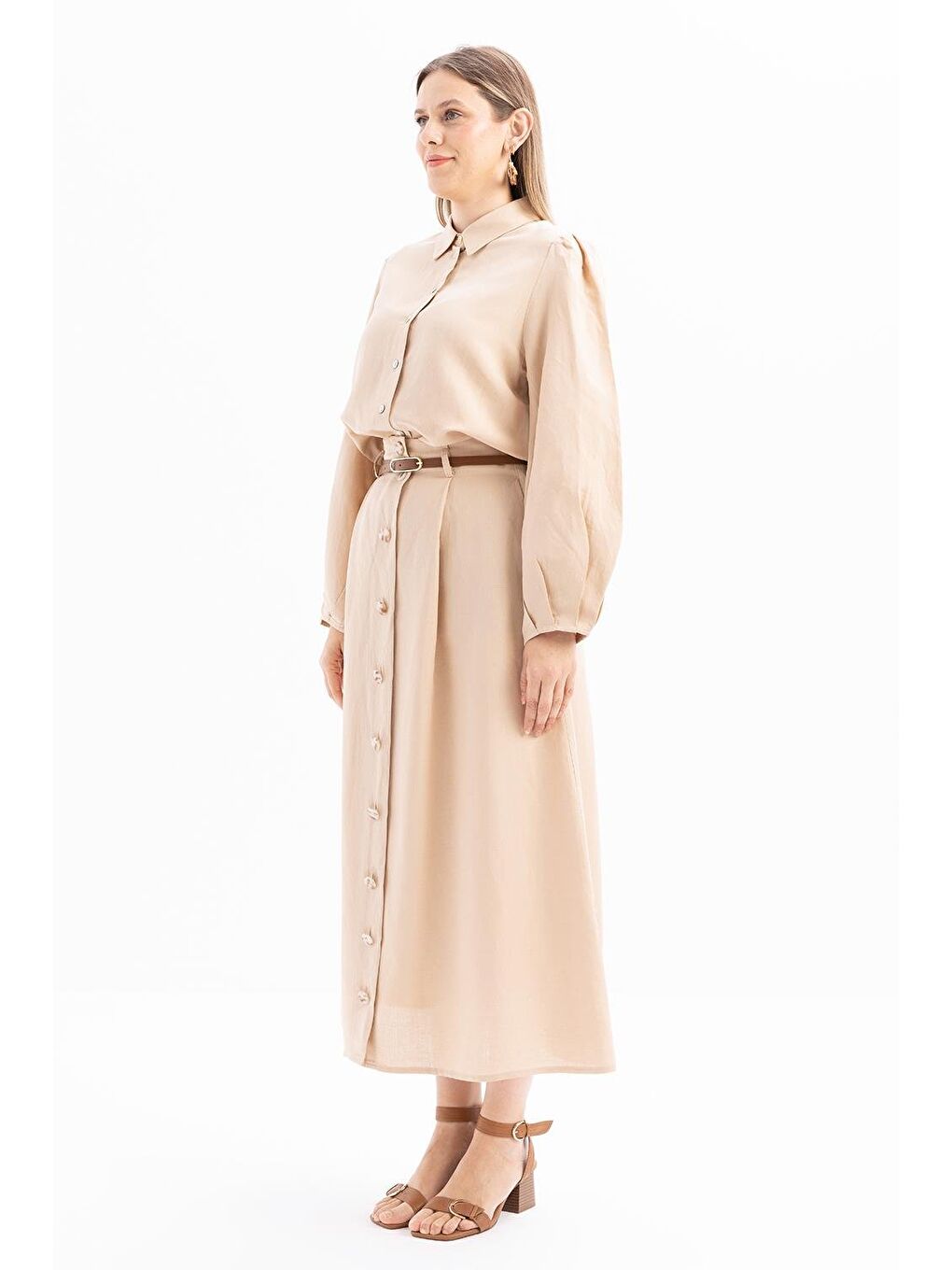 Bej-Pileli Kemerli Kloş Etek-1