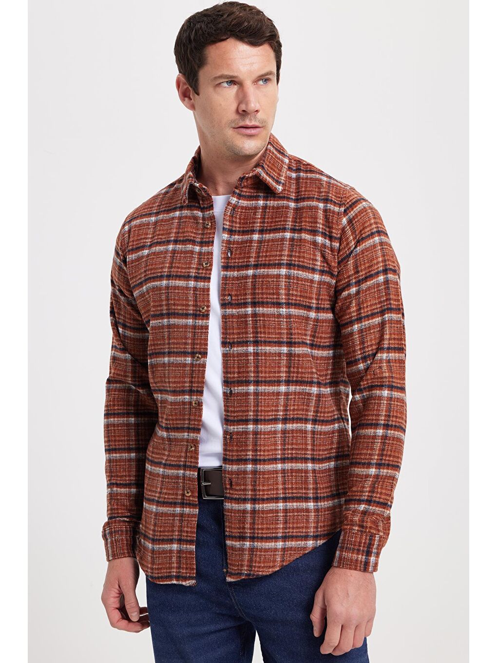 Kahverengi Erkek Slim Fit Dar Kesim Kareli Kışlık Oduncu Gömlek