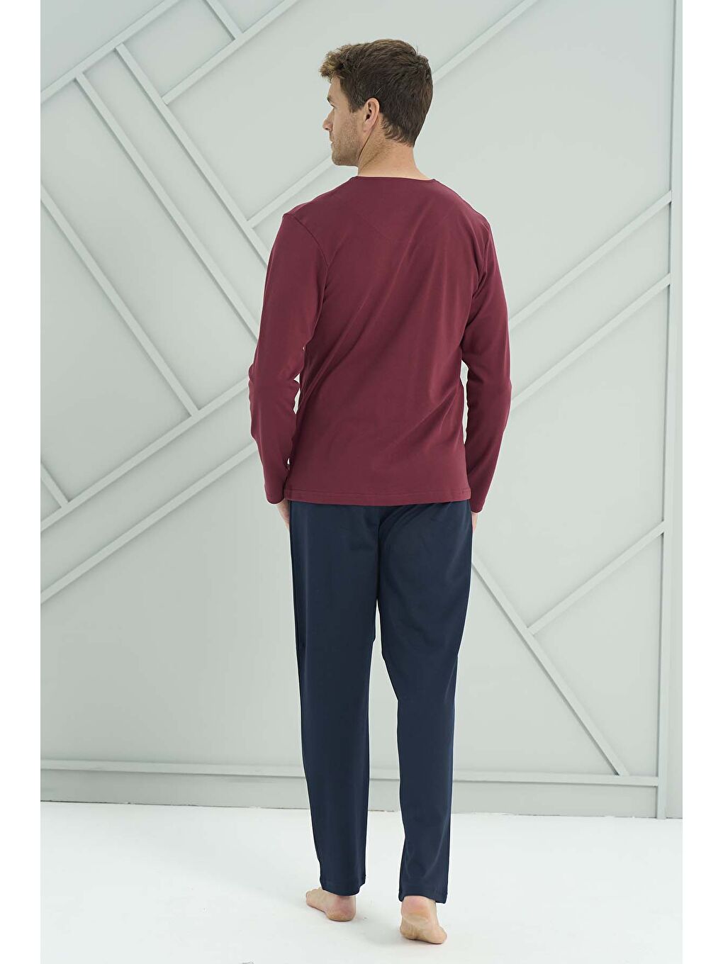 Erkek Penye Uzun Kol Düğmeli Pijama Takımı 2227 Bordo02-2