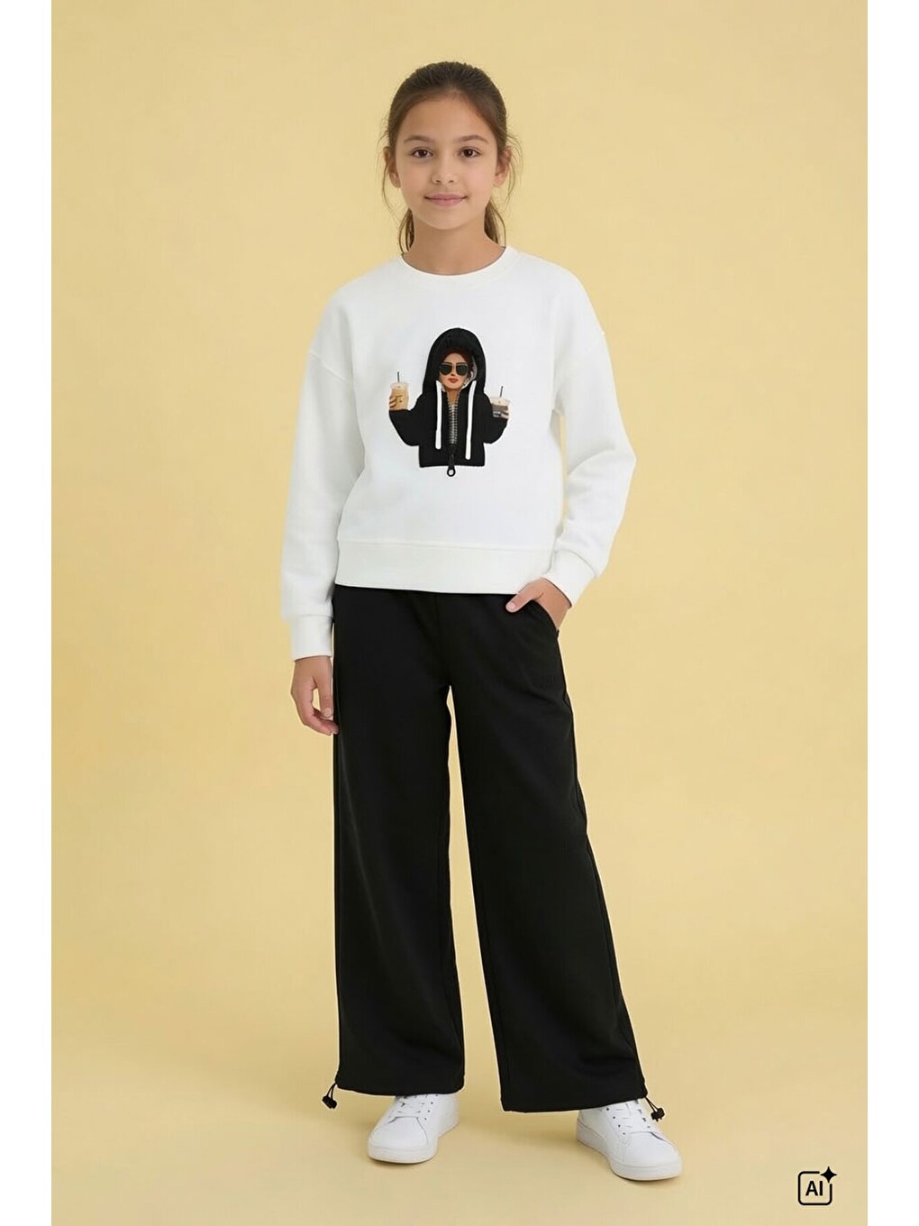 Siyah Kız Çocuk Hoodie Detaylı Sweatshirt Geniş Paça Eşofman Takımı 24779