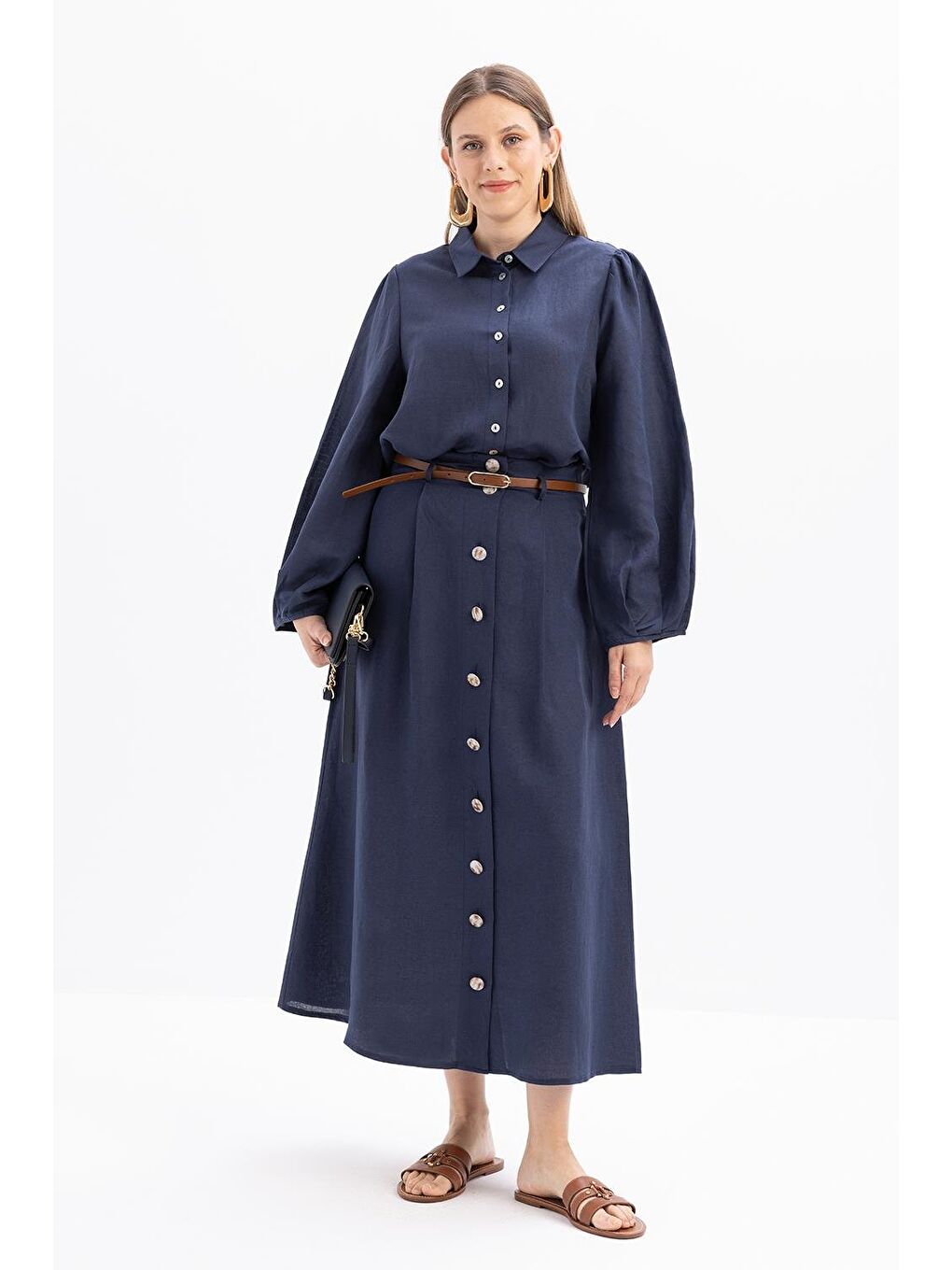 Antrasit İndigo-Pileli Kemerli Kloş Etek