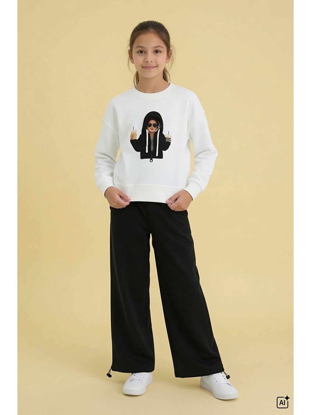 Siyah Kız Çocuk Hoodie Detaylı Sweatshirt Geniş Paça Eşofman Takımı 24779-1