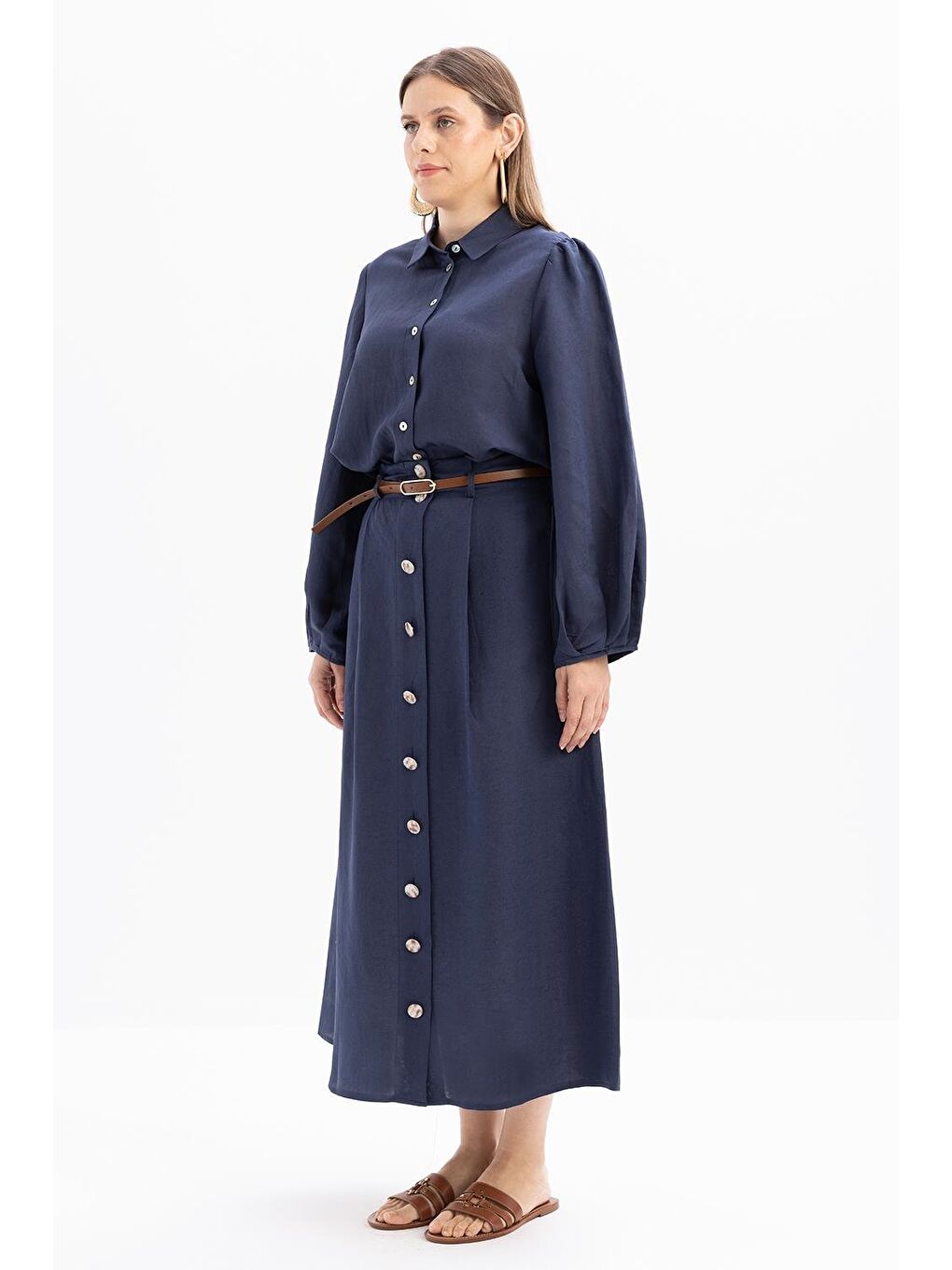 Antrasit İndigo-Pileli Kemerli Kloş Etek-1