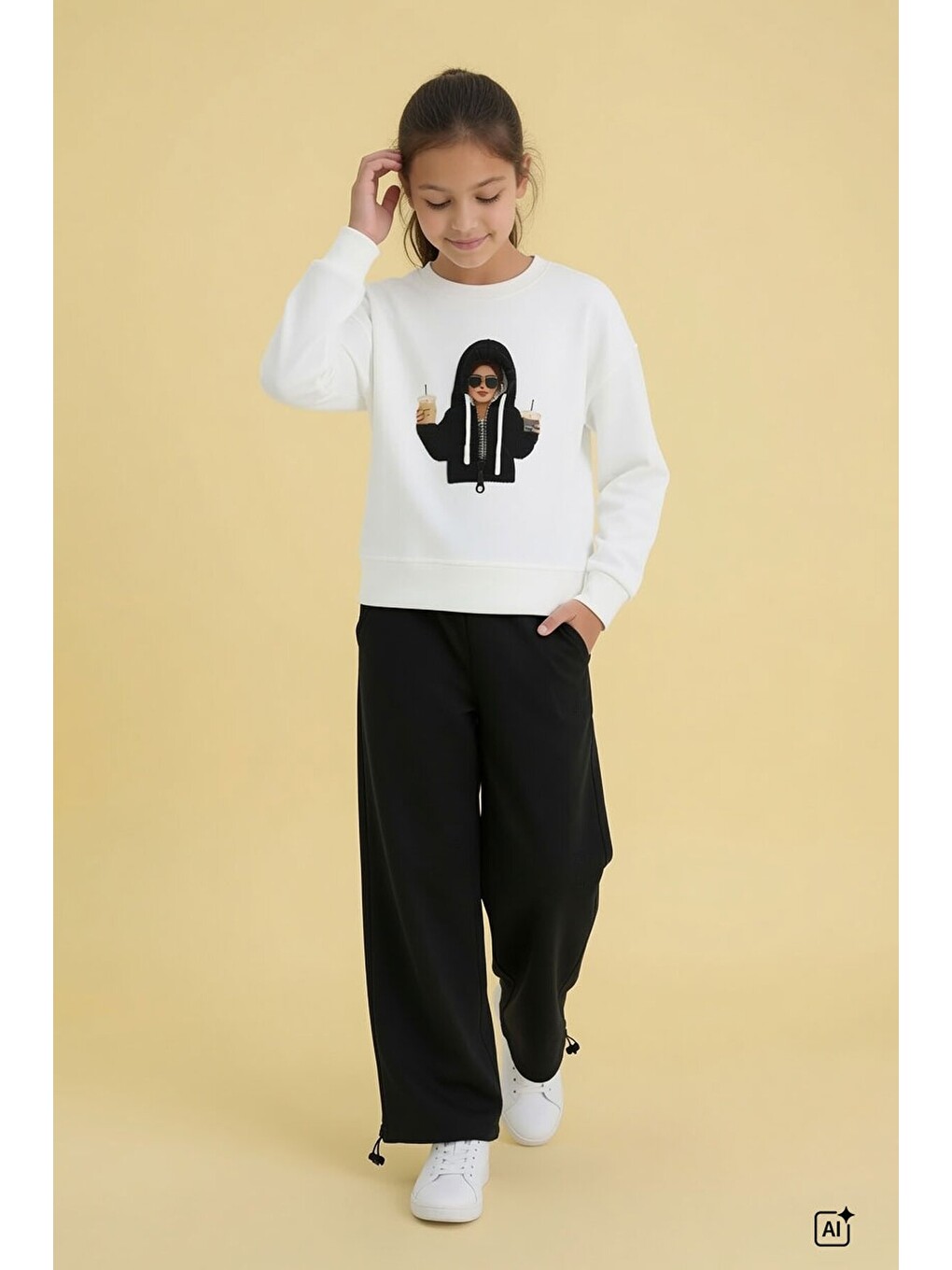 Siyah Kız Çocuk Hoodie Detaylı Sweatshirt Geniş Paça Eşofman Takımı 24779-2