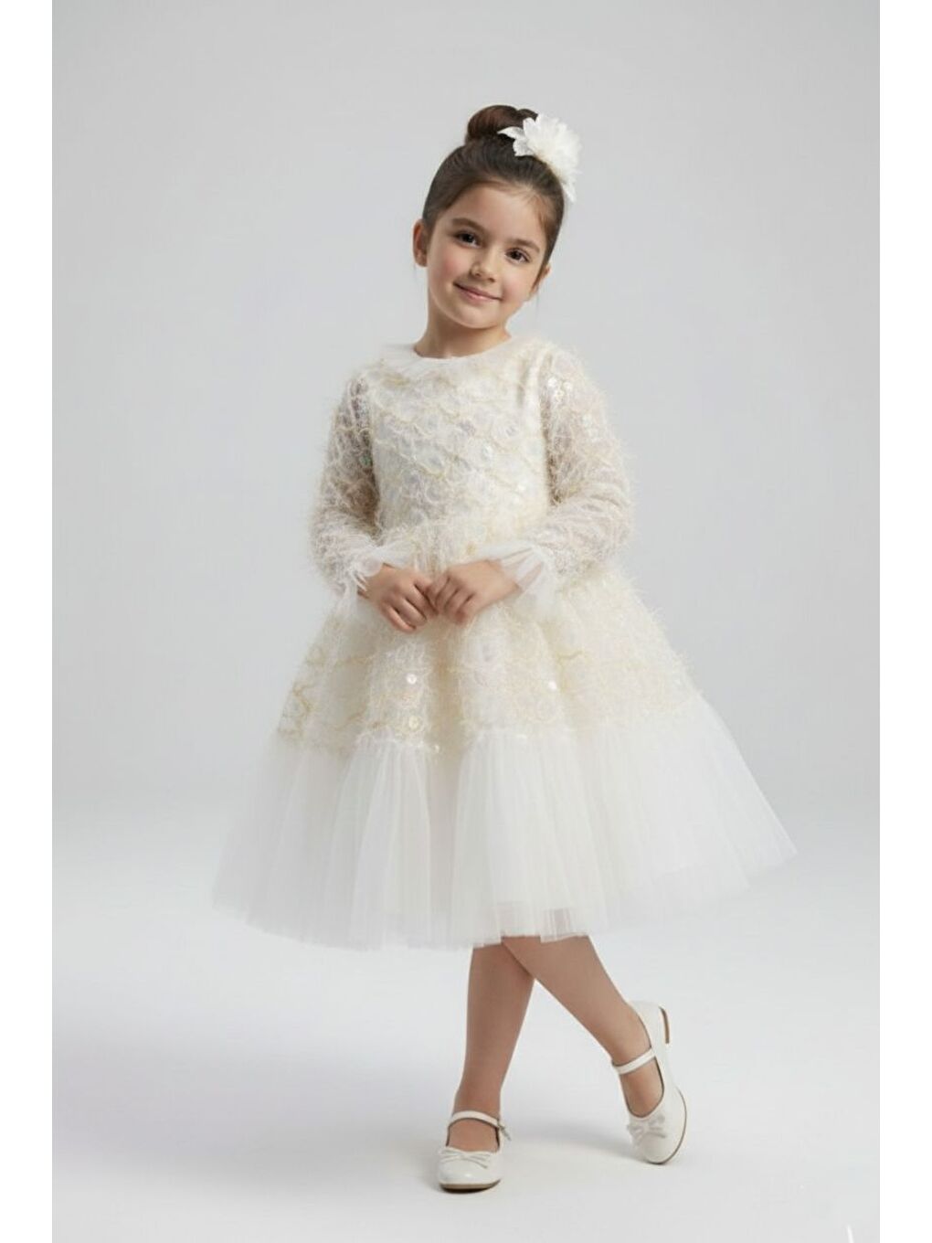 Ekru Kız Çocuk İspanyol Kol Tül Detaylı Kabarık Etekli Özel Düğün Elbisesi M00793-1