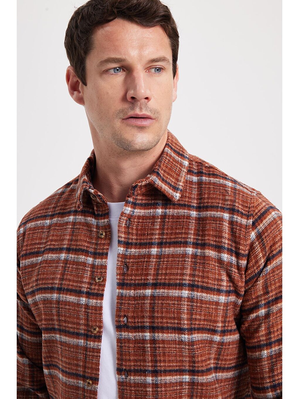 Kahverengi Erkek Slim Fit Dar Kesim Kareli Kışlık Oduncu Gömlek-1