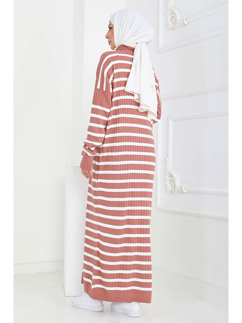 Pembe Fermuarlı Çizgili Triko Elbise Gul Kurusu - 27931-GUL-KURUSU-1