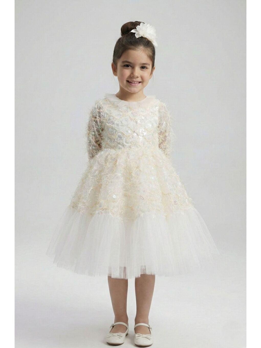 Ekru Kız Çocuk İspanyol Kol Tül Detaylı Kabarık Etekli Özel Düğün Elbisesi M00793-3