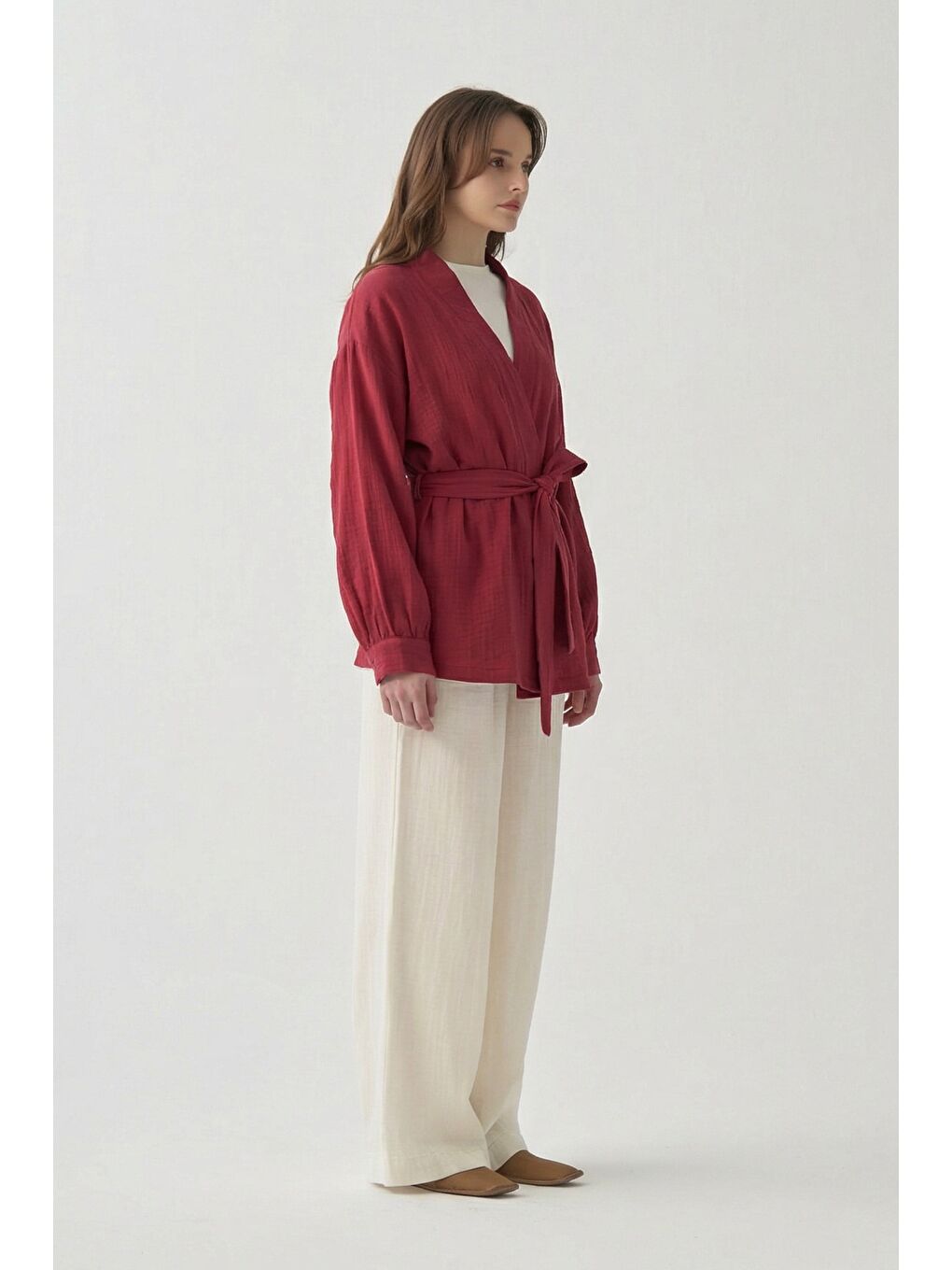Bordo-Belden Bağlamalı Müslin Ceket-1